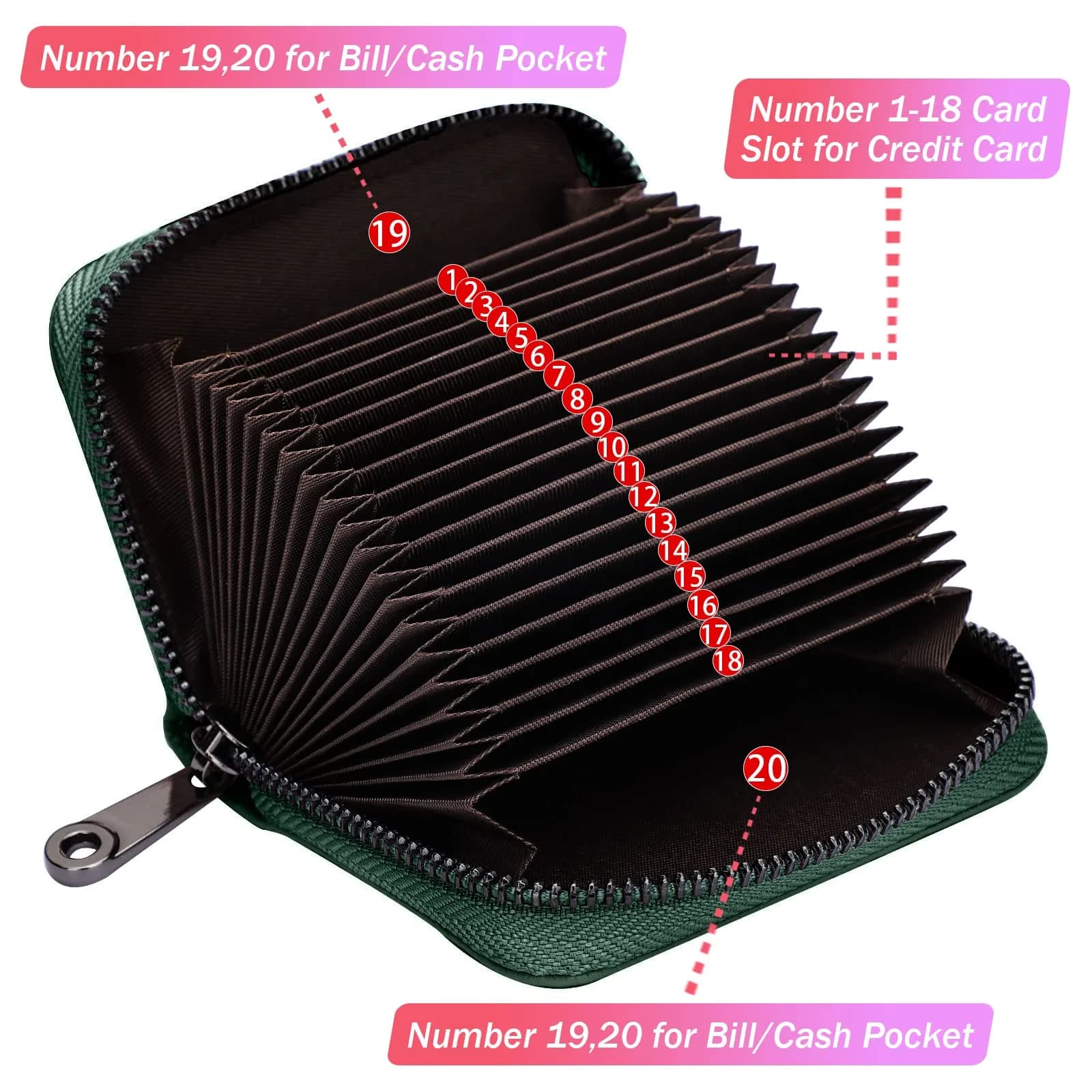 Linno Green RFID Genuine Leather Credit Card Holder with Zipper | 20 Slots - view 2