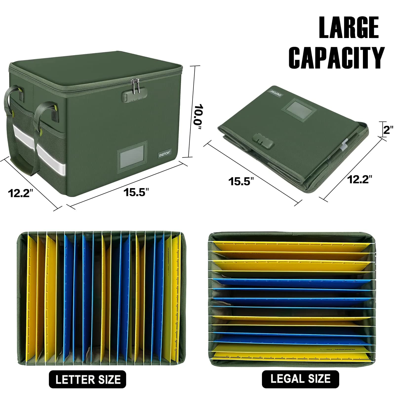 ENGPOW Fireproof Document Box with Lock & Zipper Lid 33L (15.55" x 12.2" x 10") | Collapsible & Portable for Letter/Legal Files - view 5
