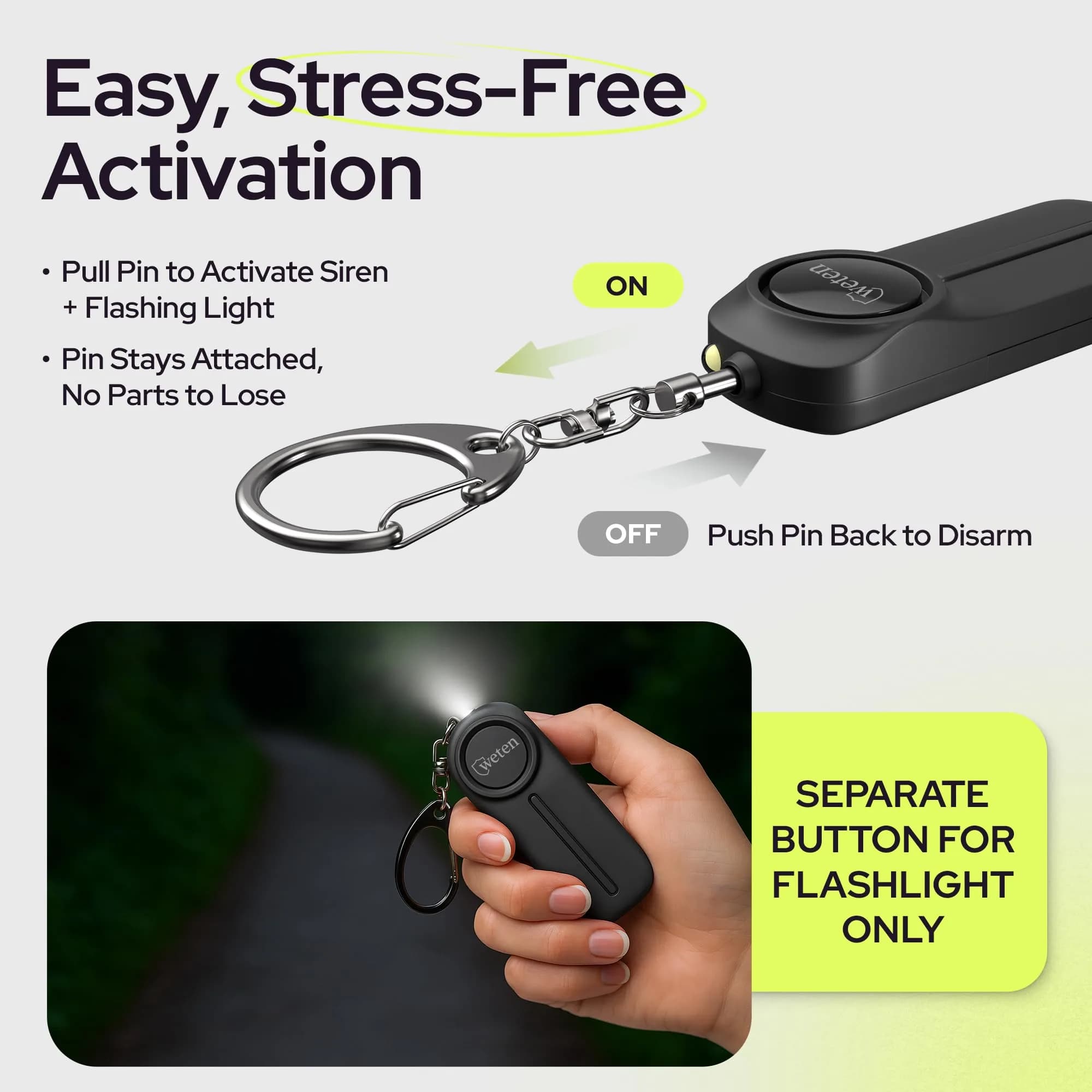 WETEN Personal Safety Alarm Keychain for Women, 130dB Siren, 2 Pack Black | Loudest Self-Defense Device for Night Walks & Travel - view 3