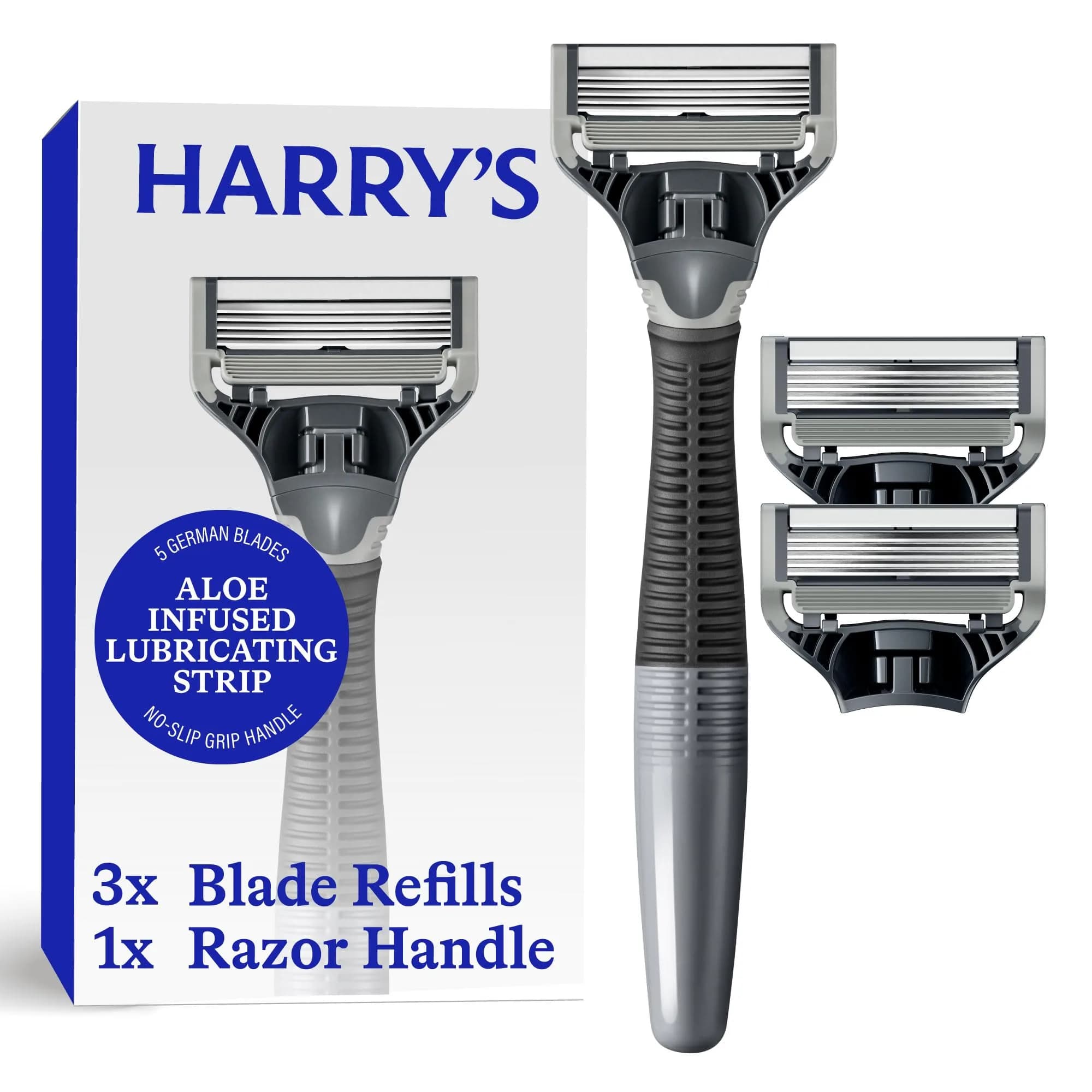 Harry's Original Shaving Kit for Men - Winston Handle & 3 German-Engineered Blade Refills | 10-Count Navy Edition — Charcoal