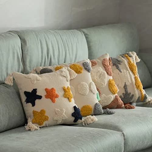 Deerlux 16" Handwoven Cotton Throw Pillow Cover with Tufted Broken Circle Pattern and Side Tassels, Multicolor | Rustic Bohemian Accent thumbnail 3