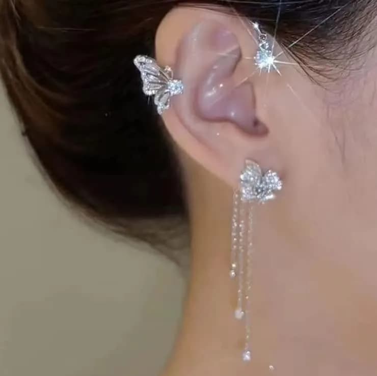 LAKIYOYO Zircon Butterfly Ear Cuff Earrings for Women - No Piercing Butterfly Ear Clip Rhinestone Wrap Earrings (Gold Tone, 2-Pack) thumbnail 3