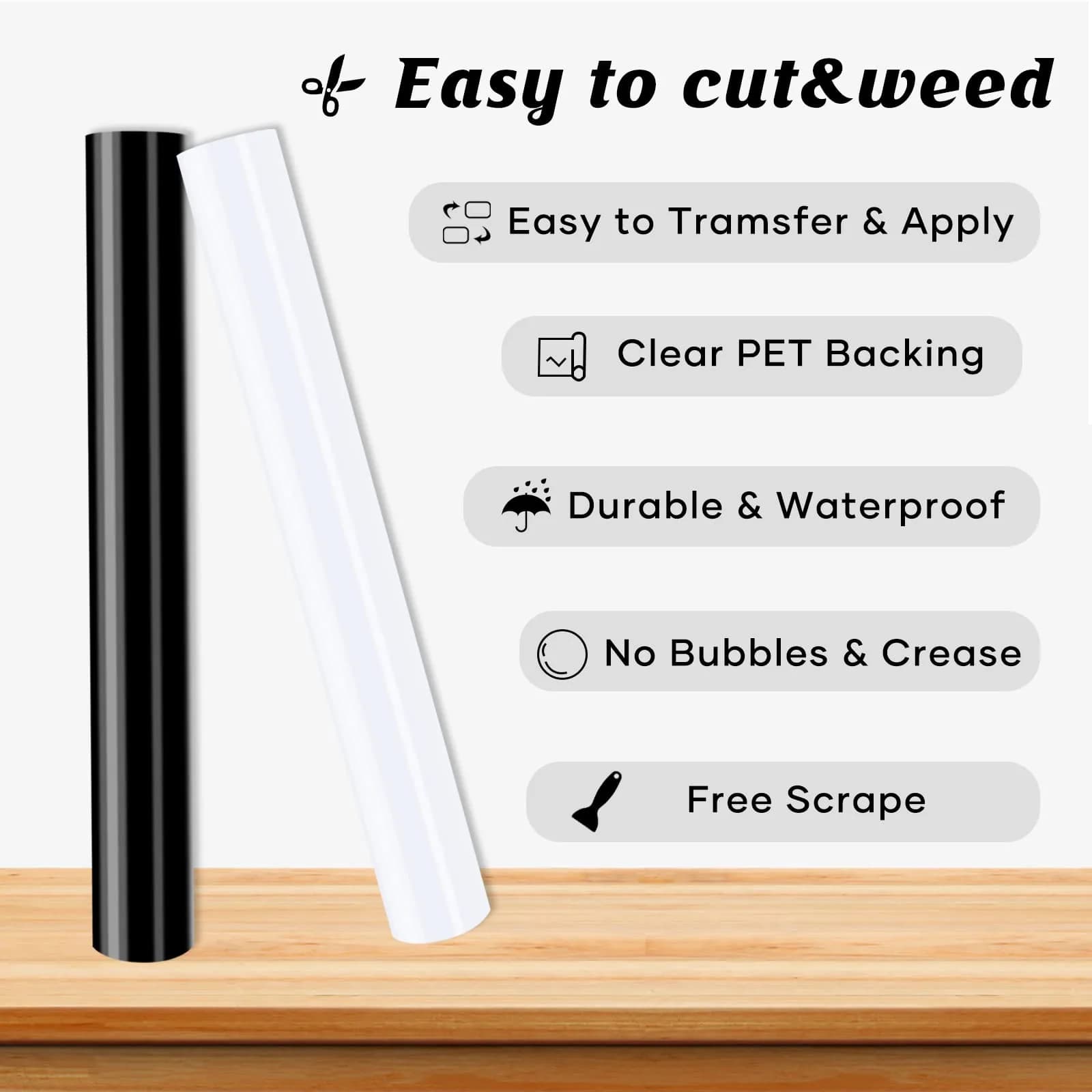 HTVRONT Glossy Black & White Permanent Vinyl Roll, 2 Rolls 12" x 14FT | Easy to Cut, Weed & Transfer - view 3