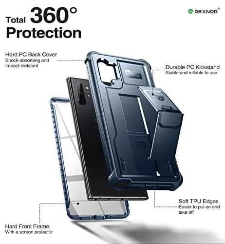 Dexnor for Samsung Galaxy Note 10+ Plus Case, Built-in Screen Protector & Kickstand | Heavy Duty Military Grade Shockproof Cover (Blue) thumbnail 6