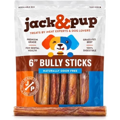 Jack&Pup 6 Inch Bully Sticks | Odor-Free Beef Dog Chews for Medium Dogs thumbnail 1