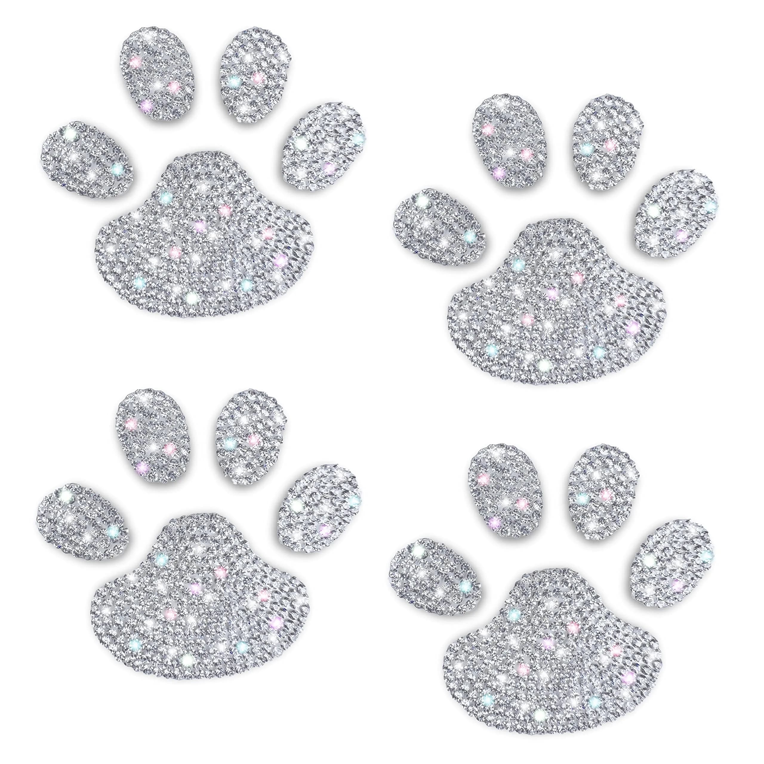 LZLRUN 4PCS Crystal 3D Chrome Dog Paw Footprint Car Decoration Sticker | Weatherproof Vinyl Decals for Cars, Laptops, and More