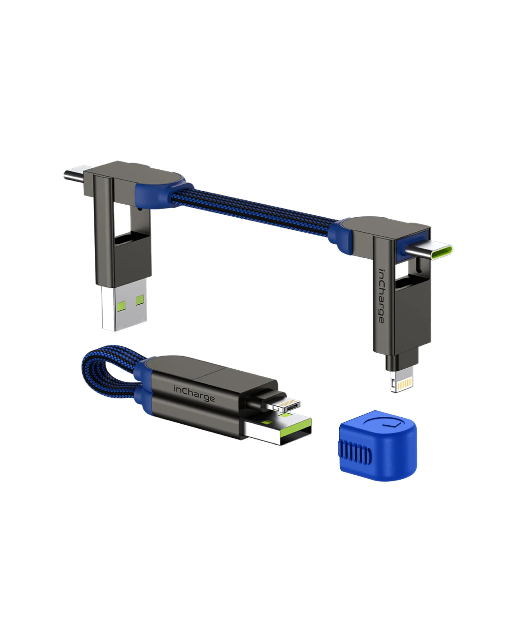 Rolling Square inCharge X Multi Charging Cable 0.15m (0.5 ft) | 6-in-1 Keychain Charger with 100W Fast Charging — Sapphire Blue
