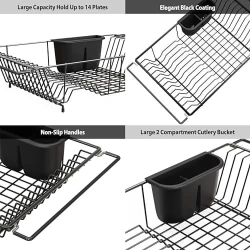 Simple Houseware Large Stainless Steel Dish Drainer Rack, Black | Over Sink Countertop Drying Rack with Utensil Holder thumbnail 4
