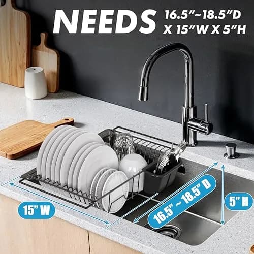 Simple Houseware Large Stainless Steel Dish Drainer Rack, Black | Over Sink Countertop Drying Rack with Utensil Holder thumbnail 6