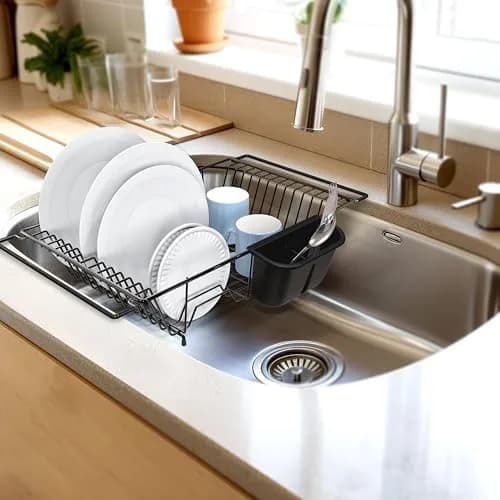 Simple Houseware Large Stainless Steel Dish Drainer Rack, Black | Over Sink Countertop Drying Rack with Utensil Holder thumbnail 2