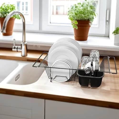 Simple Houseware Large Stainless Steel Dish Drainer Rack, Black | Over Sink Countertop Drying Rack with Utensil Holder thumbnail 3