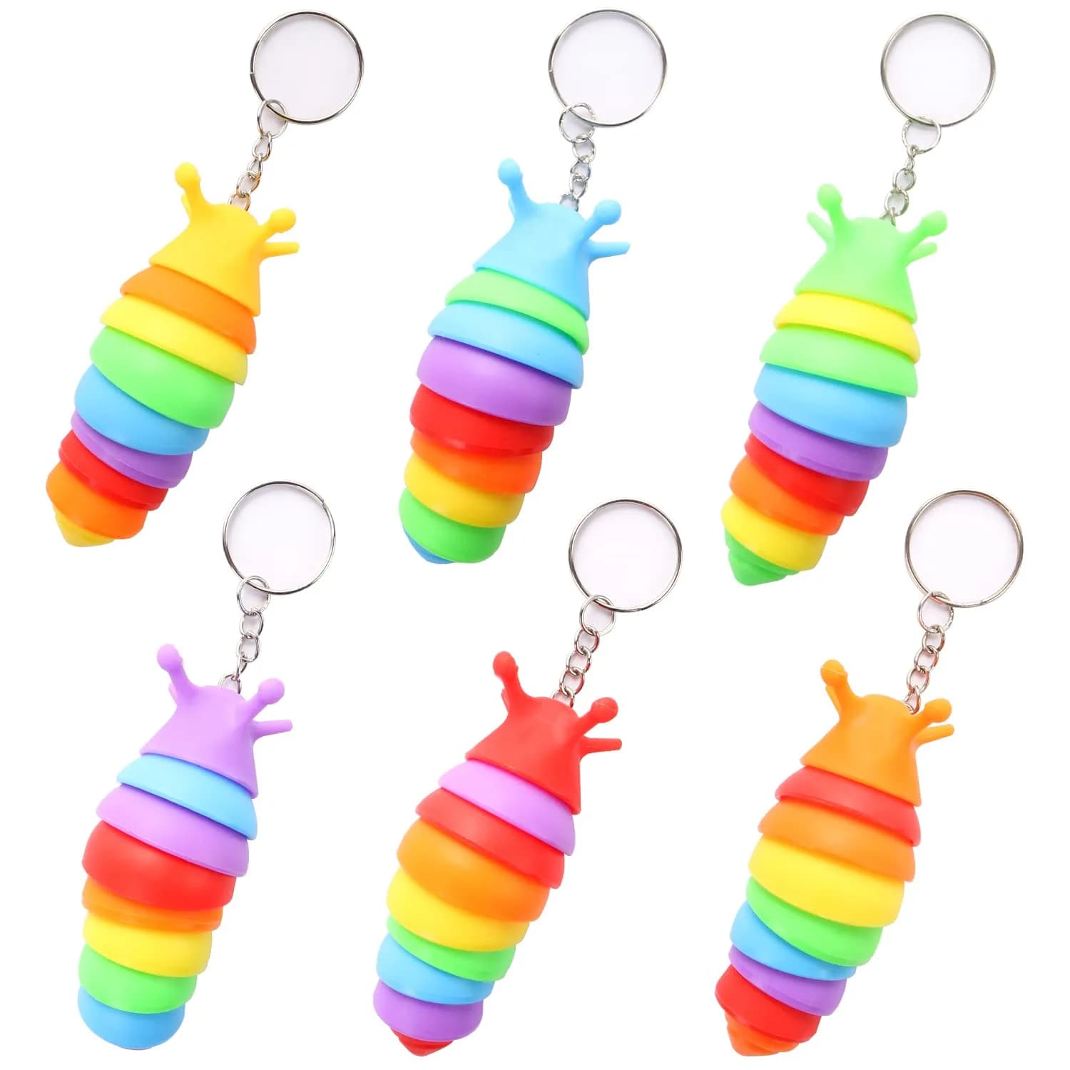 MEIEST 6 PCS Mini Fidget Slug Keychains | 3D Articulated Caterpillar Stress Toys - main product image