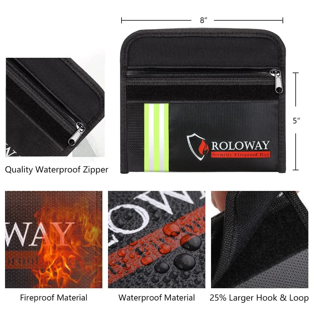 ROLOWAY 8 x 5 Inch Black Fireproof Bag with Reflective Strip for Cash & Documents - view 3