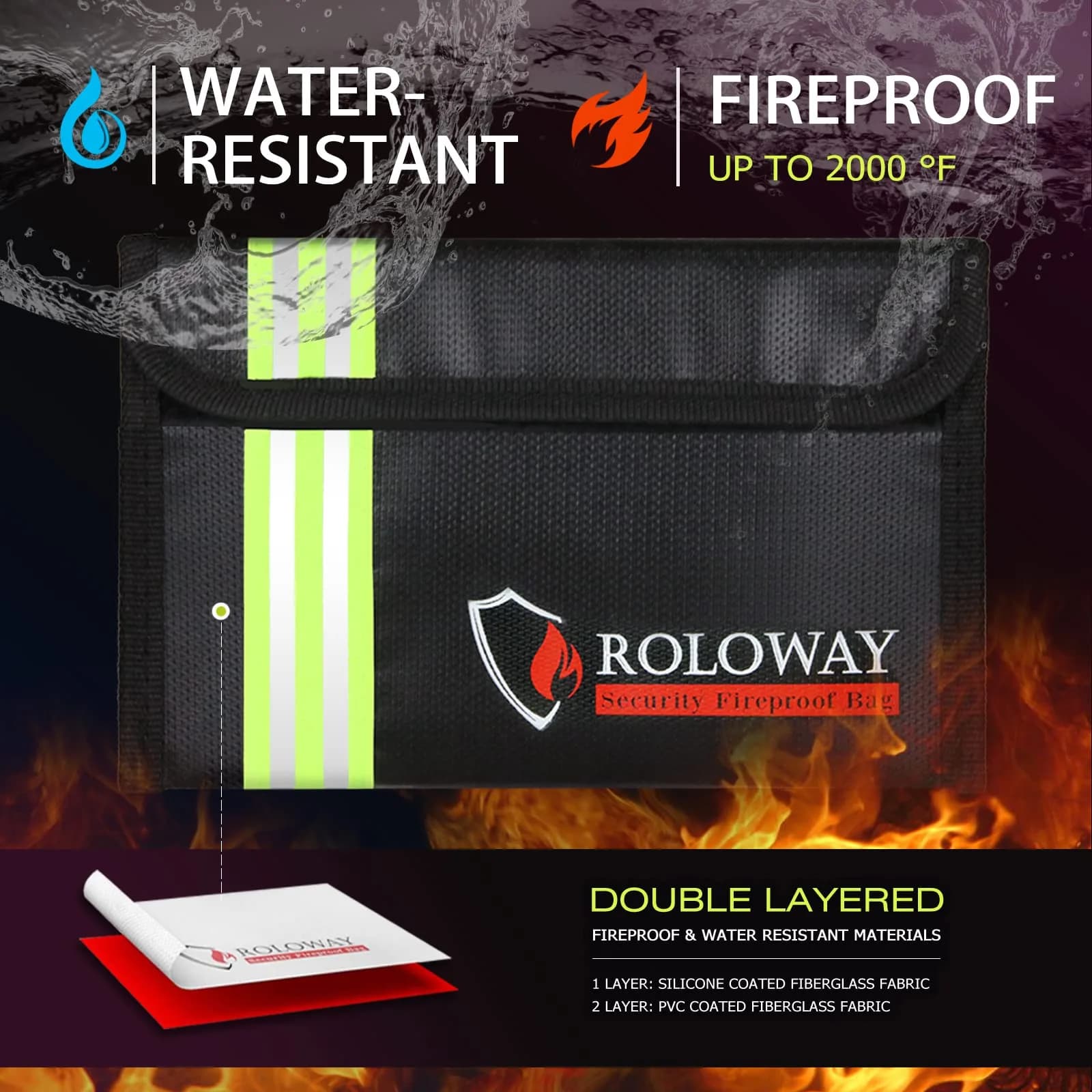 ROLOWAY 8 x 5 Inch Black Fireproof Bag with Reflective Strip for Cash & Documents - view 4