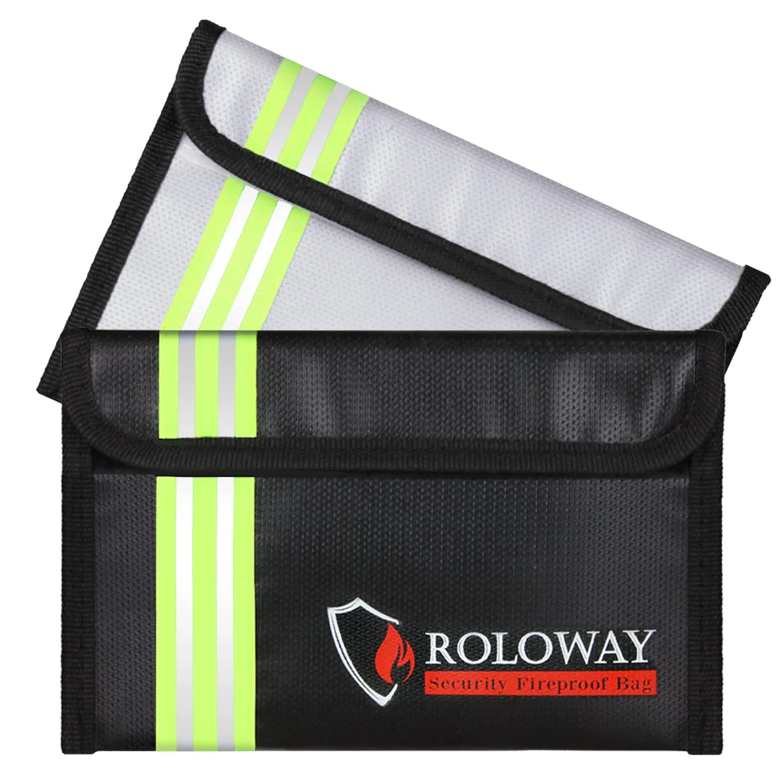 ROLOWAY 8 x 5 Inch Silver & Black Fireproof Bag with Reflective Strip | Heat Insulated Document & Cash Protection - main product image