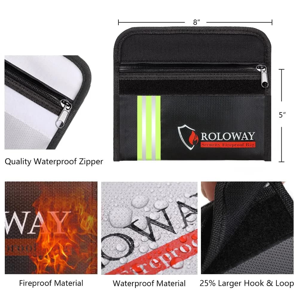 ROLOWAY 8 x 5 Inch Silver & Black Fireproof Bag with Reflective Strip | Heat Insulated Document & Cash Protection - view 3