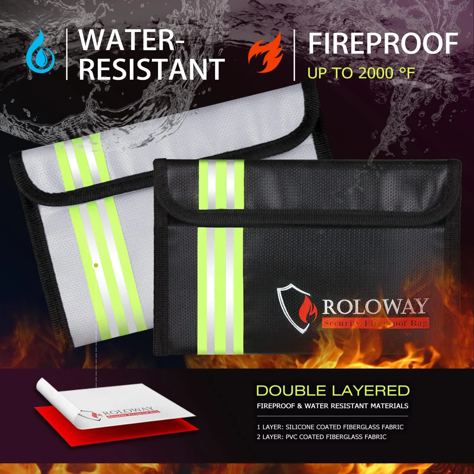 ROLOWAY 8 x 5 Inch Silver & Black Fireproof Bag with Reflective Strip | Heat Insulated Document & Cash Protection - view 4