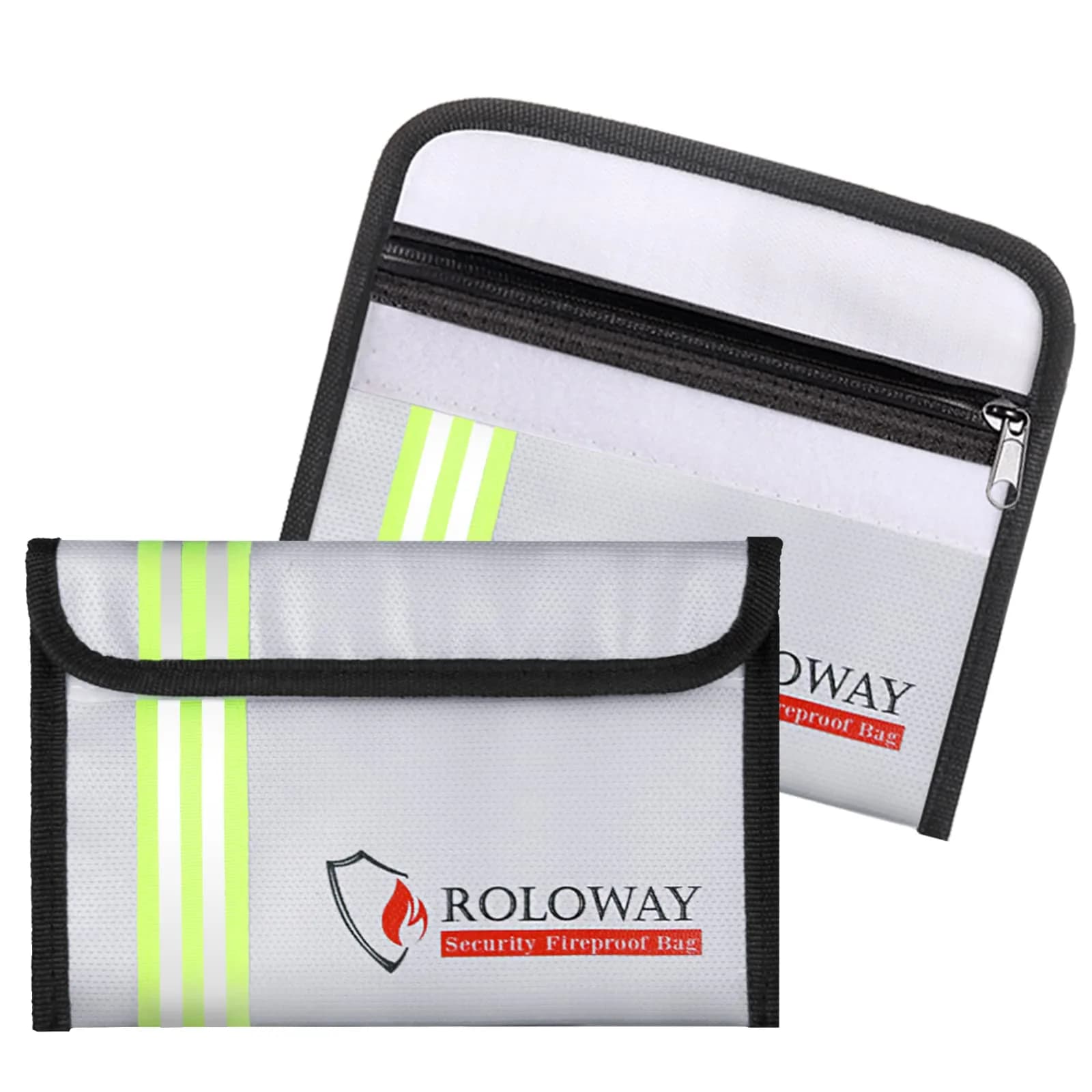 ROLOWAY Small Fireproof Bag 8 x 5 Inch, Silver With Reflective Strip - Heat Insulated Document & Cash Protection - main product image