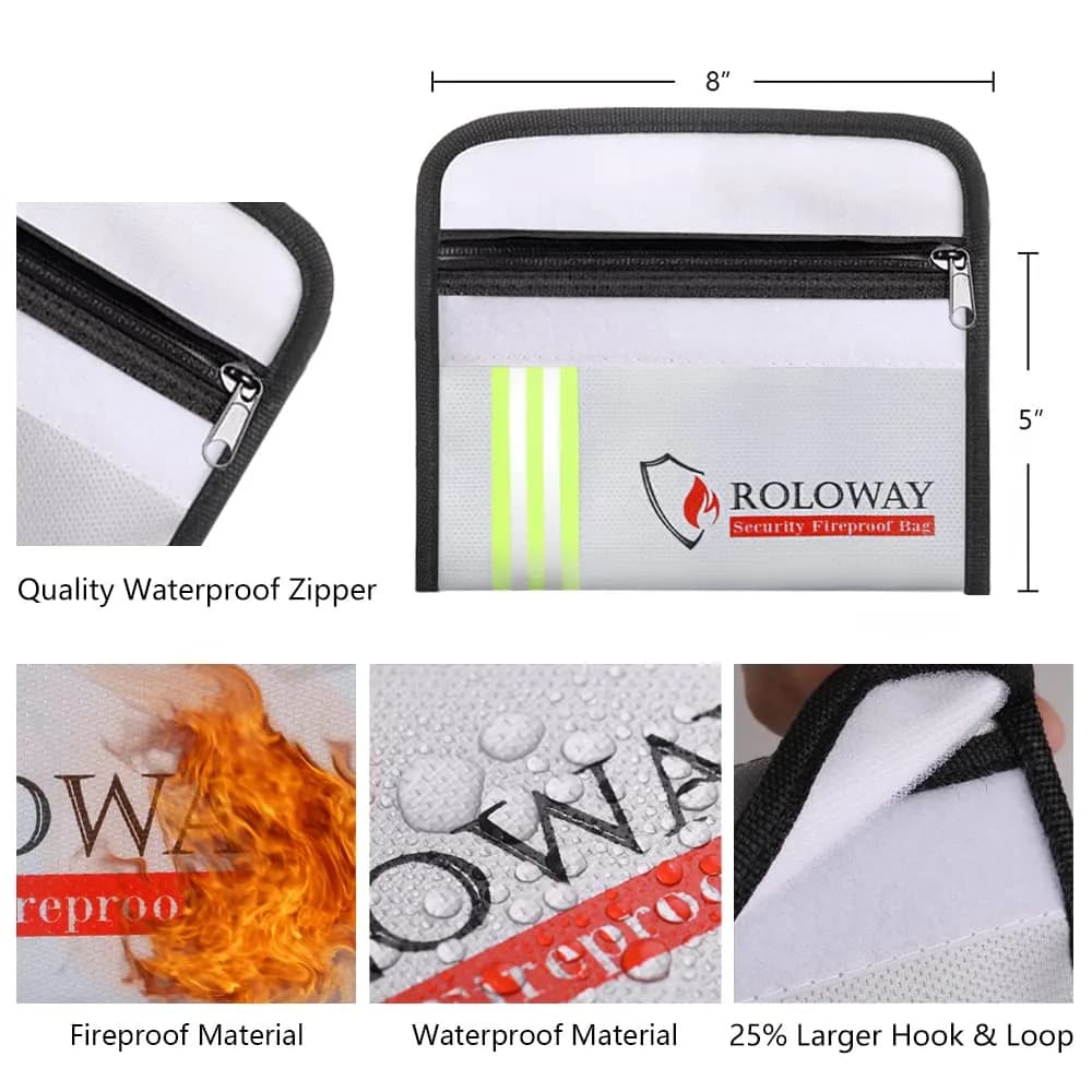 ROLOWAY Small Fireproof Bag 8 x 5 Inch, Silver With Reflective Strip - Heat Insulated Document & Cash Protection - view 3