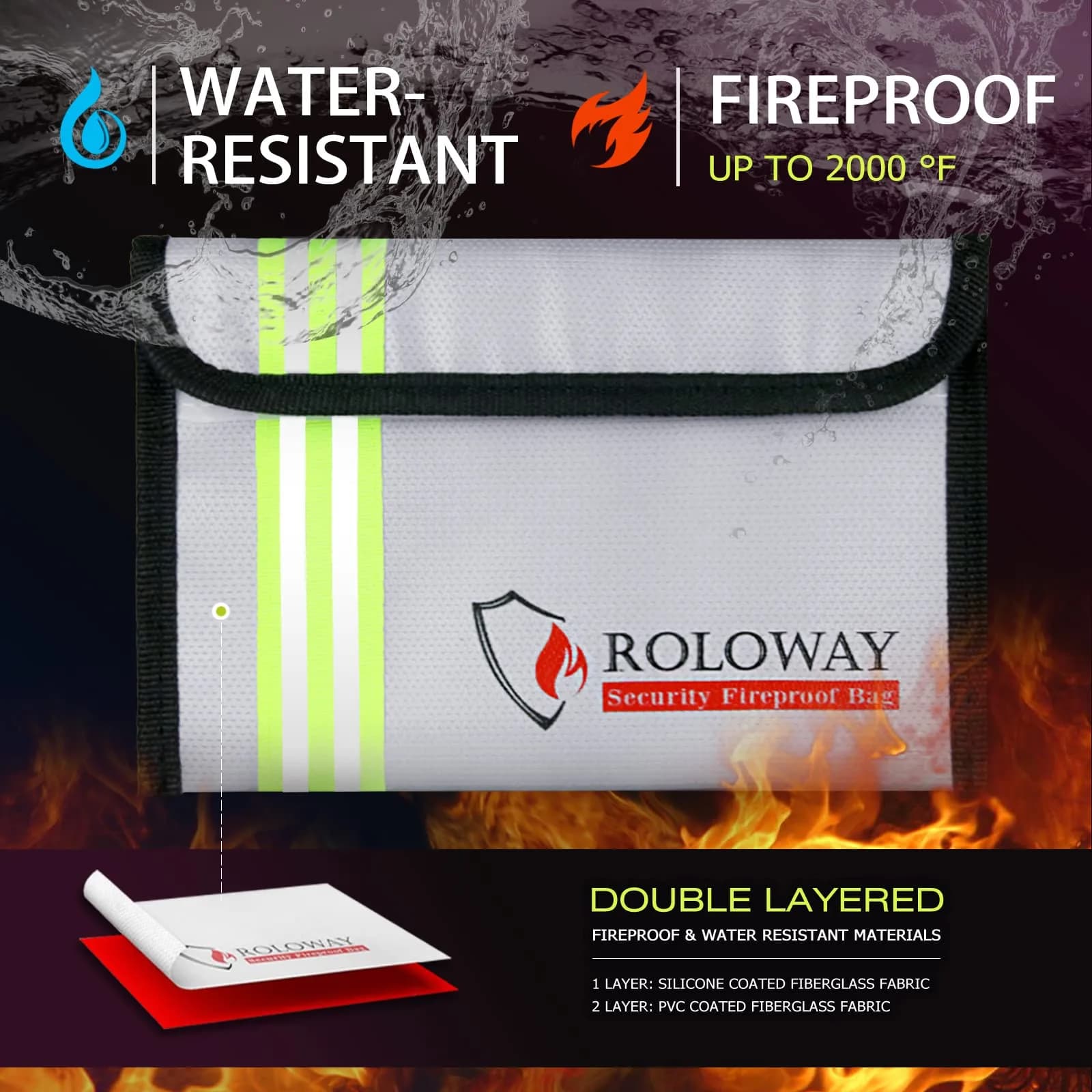 ROLOWAY Small Fireproof Bag 8 x 5 Inch, Silver With Reflective Strip - Heat Insulated Document & Cash Protection - view 4