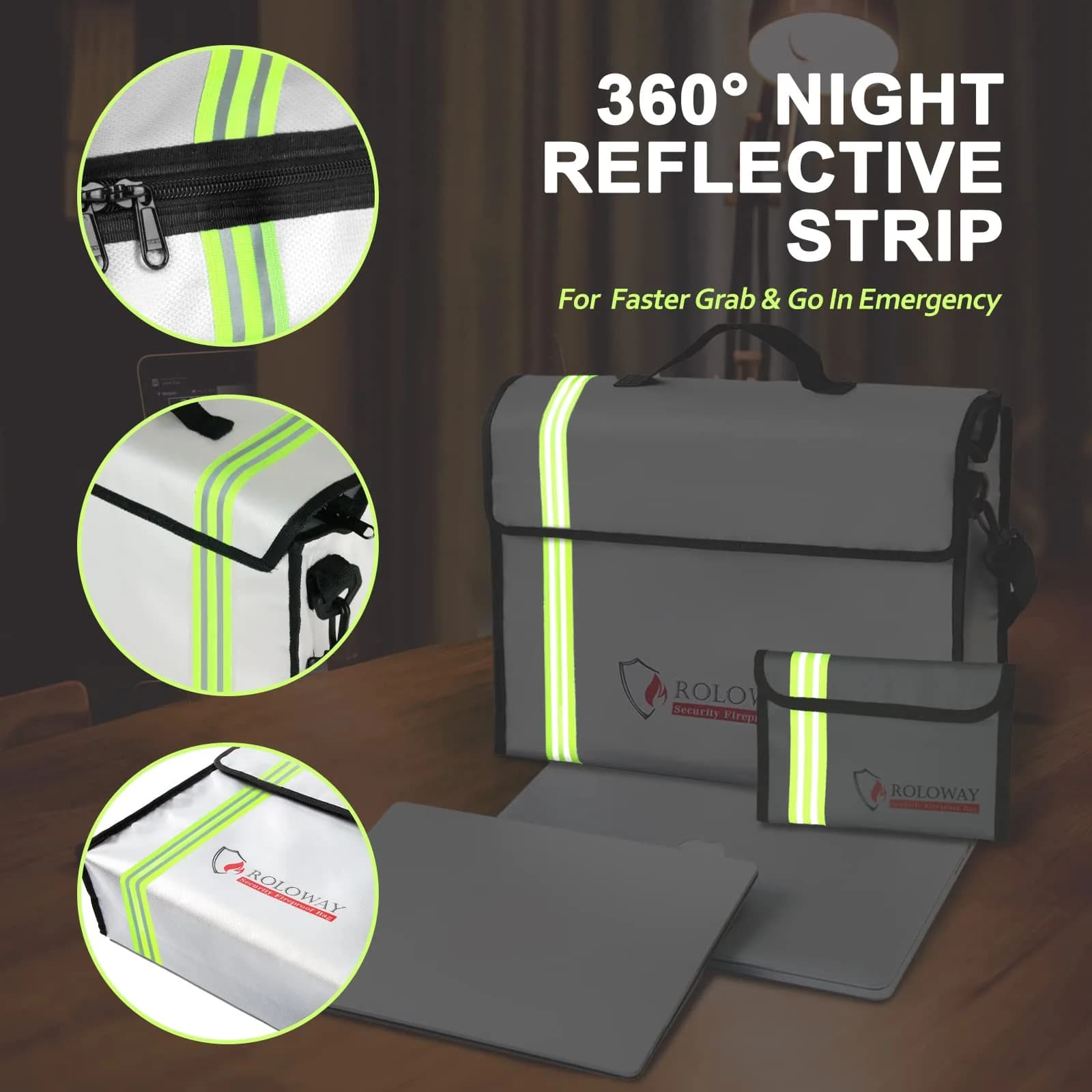 ROLOWAY Large Fireproof Document Bag 40.6 cm (15 inches) | Water Resistant, Reflective Strip, Quick Grab & Go - view 3