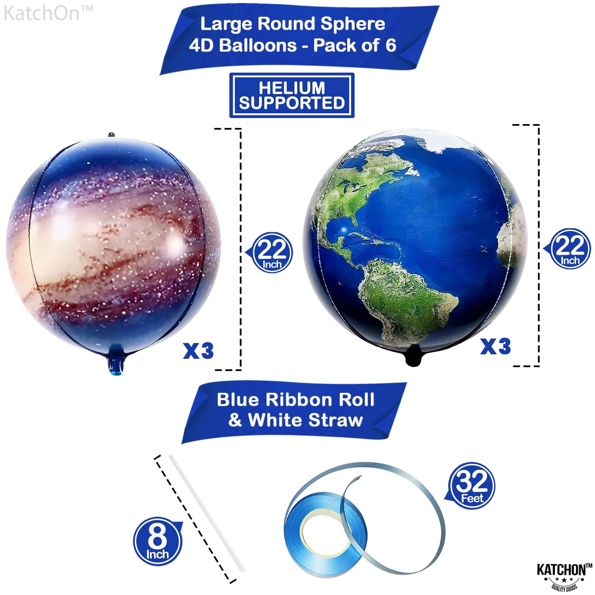 KatchOn 22 Inch Globe and Galaxy 4D Earth Balloons Set (6 Pieces) - view 2