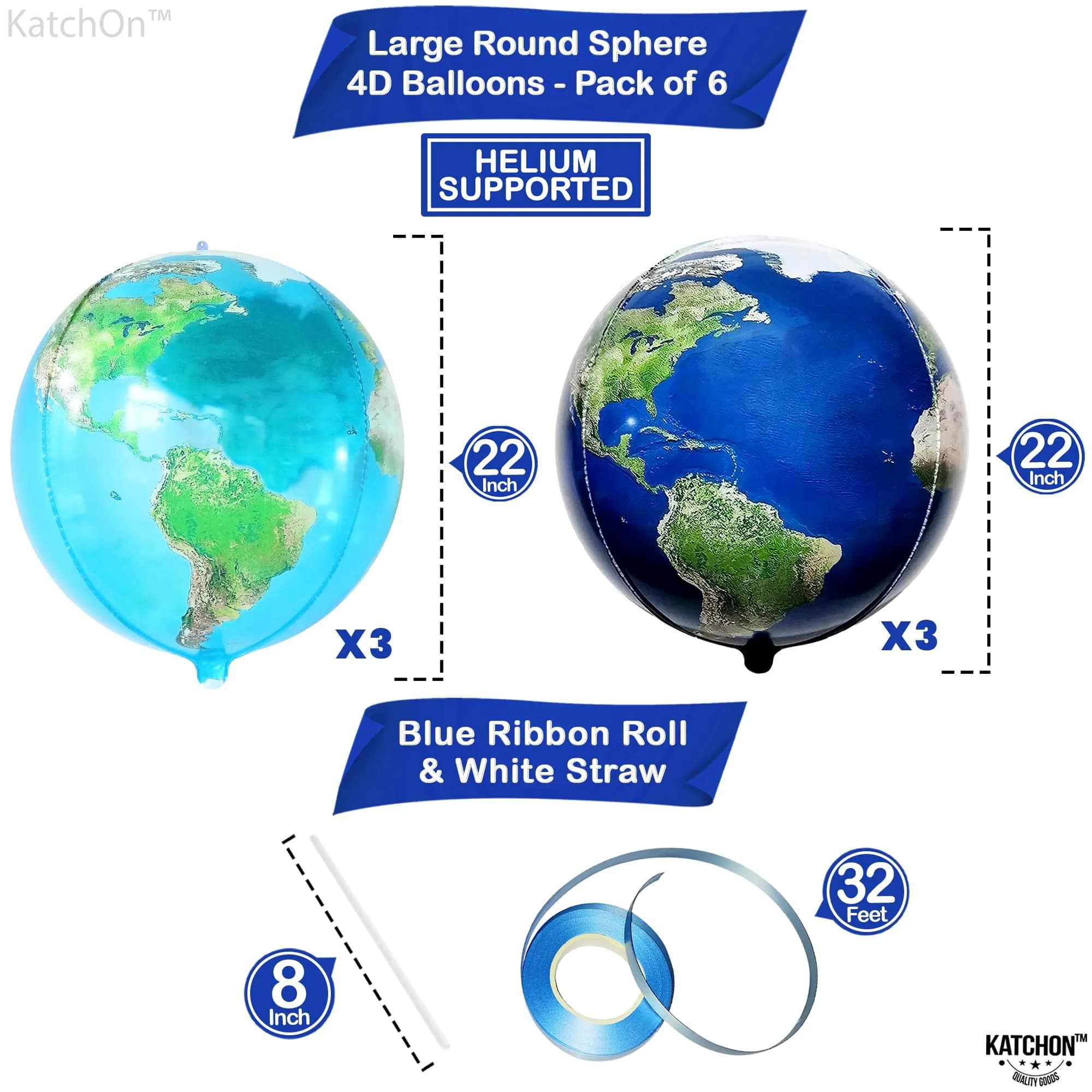 KatchOn 22 Inch Earth and Globe Balloons - Pack of 6, 360 Degree 4D World Decorations - view 2