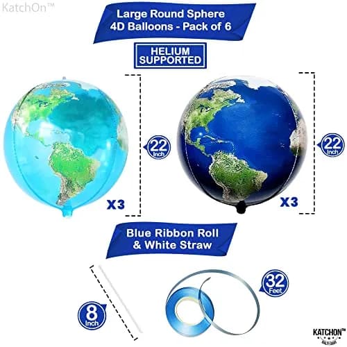 KatchOn 22 Inch Globe Balloons for Globe Decorations - Pack of 6 | Helium Supported Mylar Foil Balloons thumbnail 2
