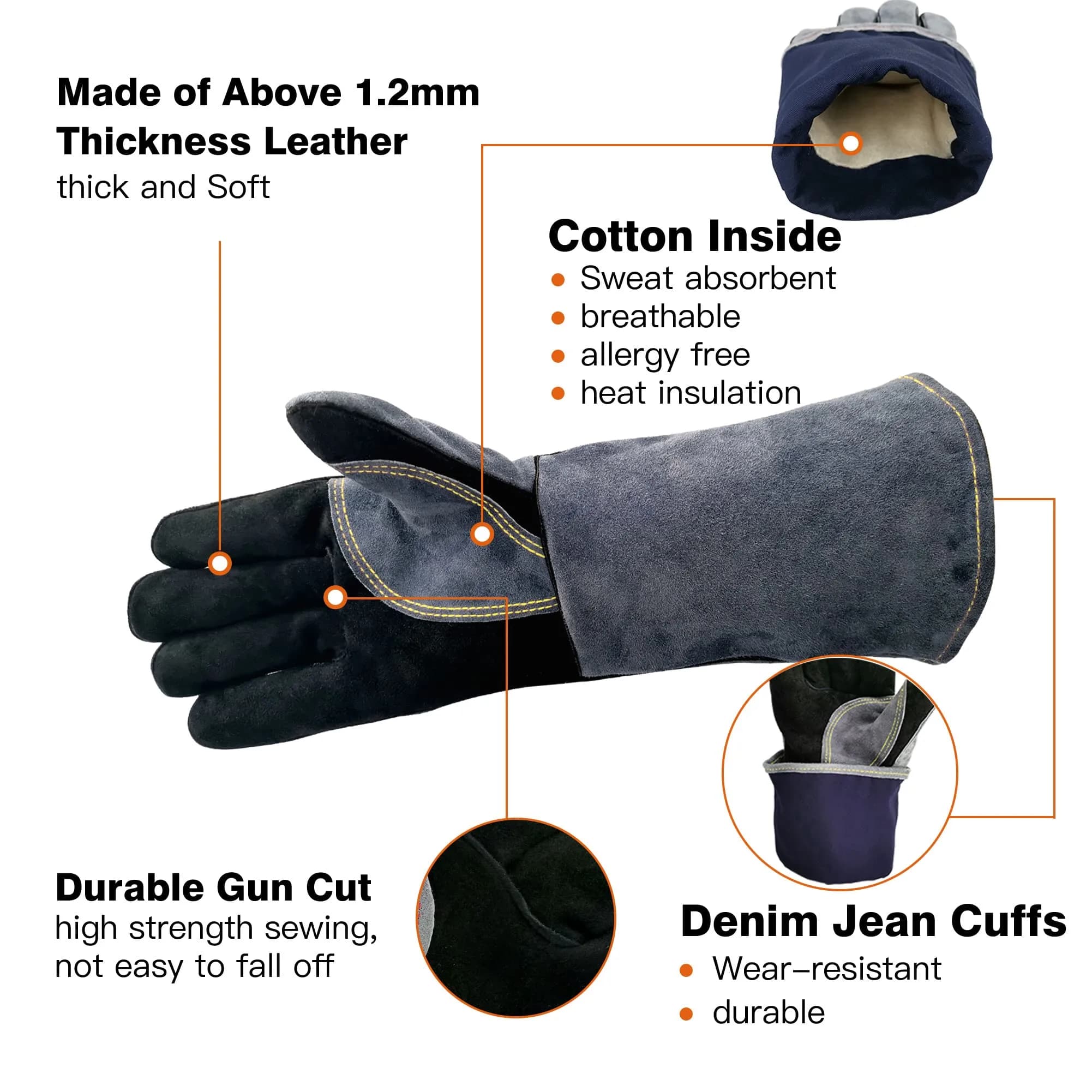 WZQH 14-inch Heat Resistant Welding Gloves Small Black-Gray | CTC Level 4 Protection - view 4