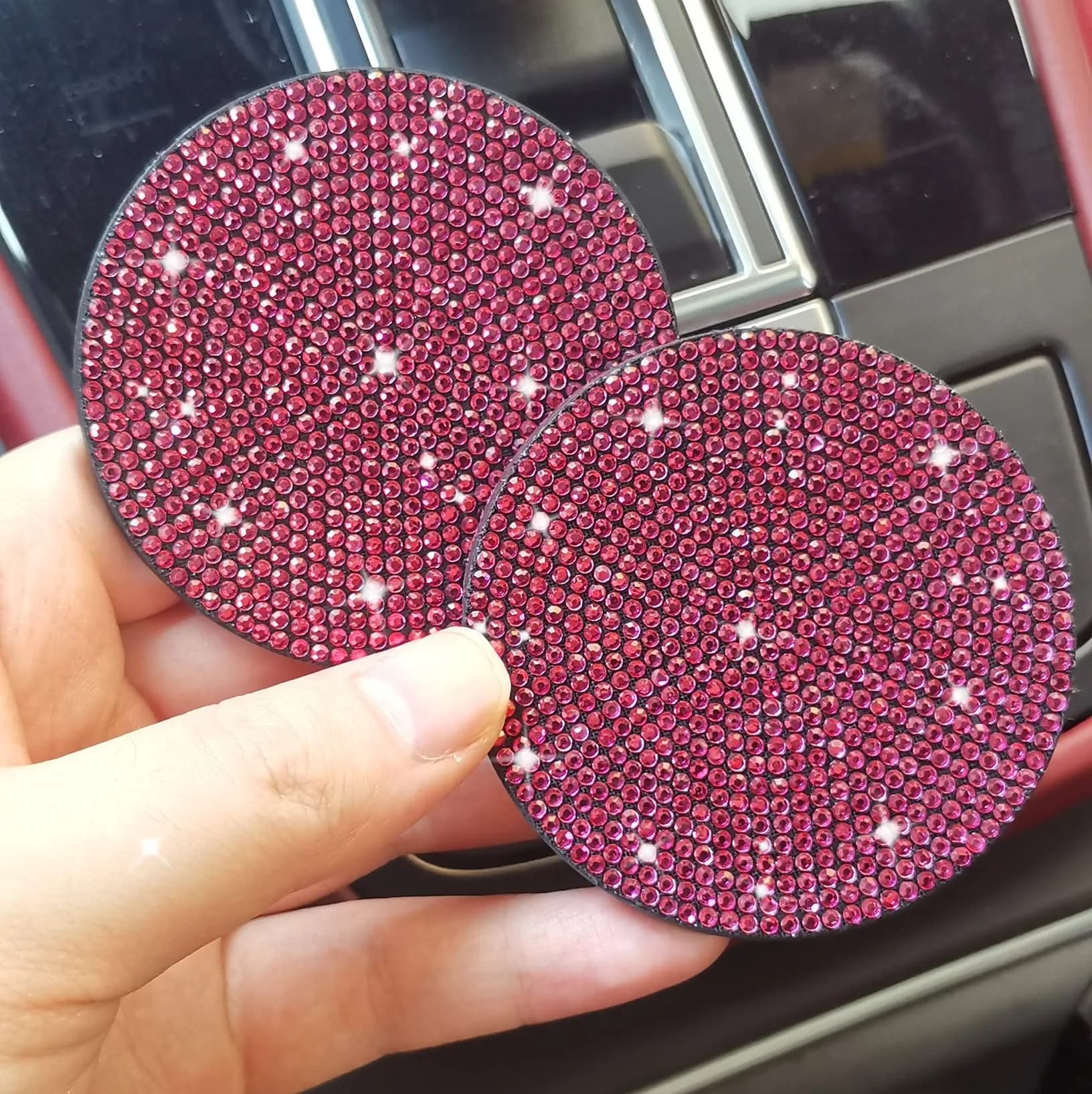 NBTEPEM Rose Red Bling Car Cup Holder Coasters (2 pcs) | Sparkle & Protect Your Car Interior - view 4