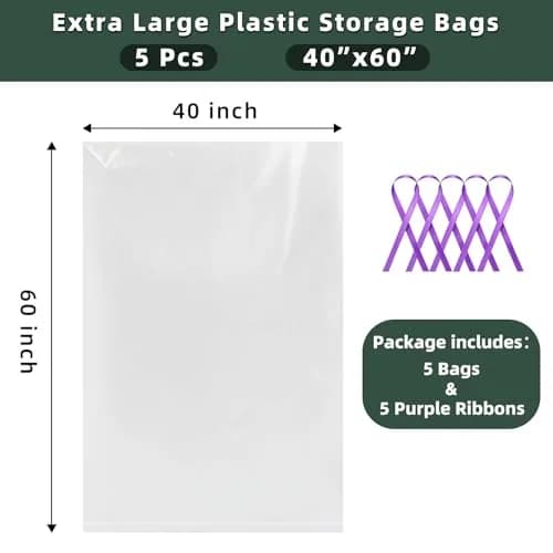 Yotelab Extra Large Clear Plastic Storage Bags 102cm x 152cm (40"x60") | 2 Mil Thick, 5-Piece Set with Ribbons thumbnail 2