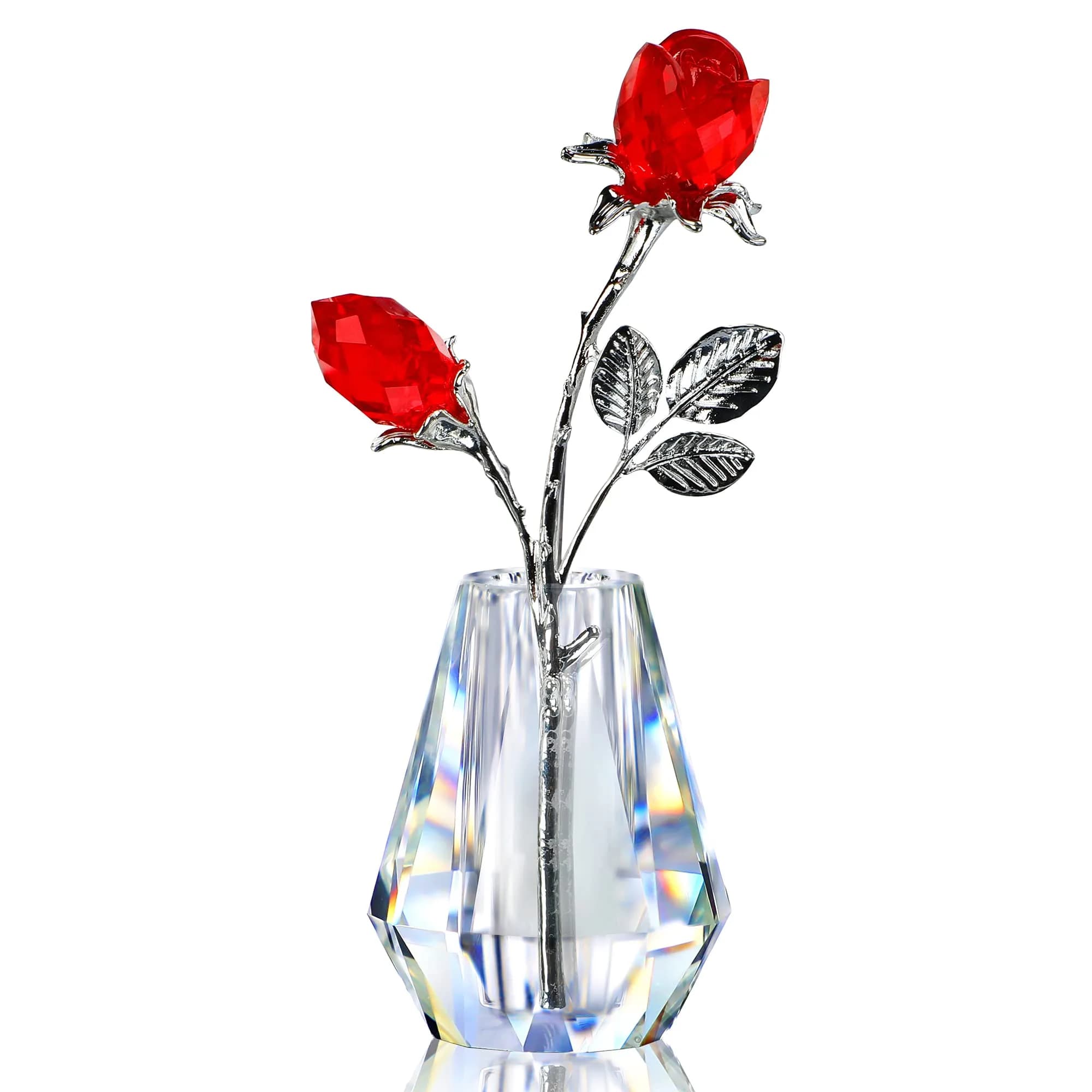 H&D HYALINE & DORA Red Crystal Double Rose Bouquet Figurine | Handmade Romantic Home Decor