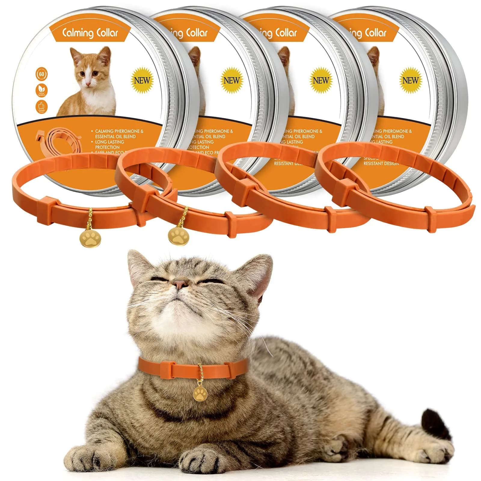 Weewooday 4-Pack Orange Calming Cat Collar with Pendants 38cm (15 Inches) | Reduces Anxiety & Aggression