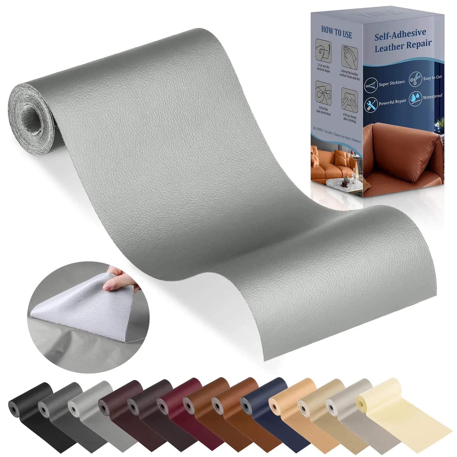 YAFLC Grey Self-Adhesive Leather Repair Patch 10cm x 160cm (4" x 63") | Strong PU Leather Tape for Furniture & Auto - main product image