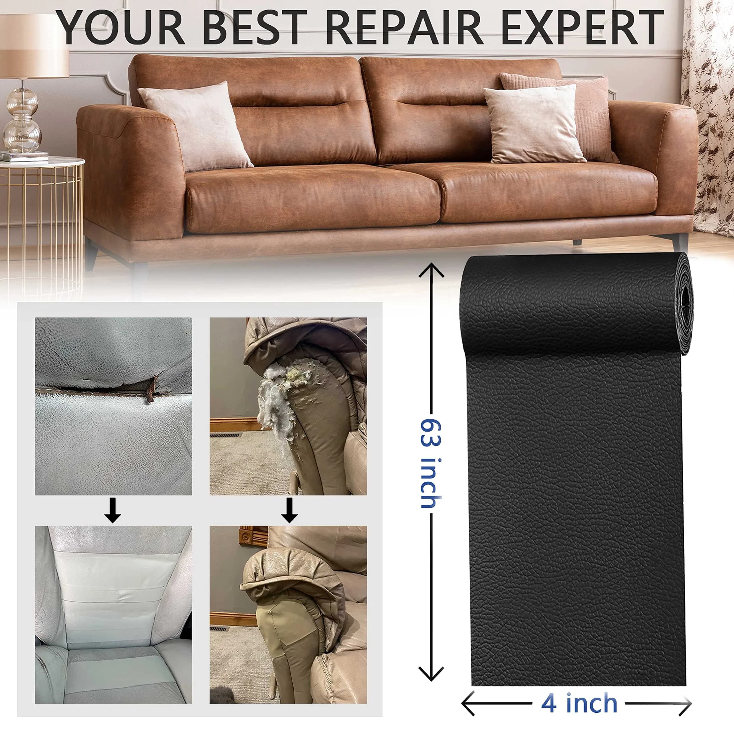YAFLC Grey Self-Adhesive Leather Repair Patch 10cm x 160cm (4" x 63") | Strong PU Leather Tape for Furniture & Auto - view 5