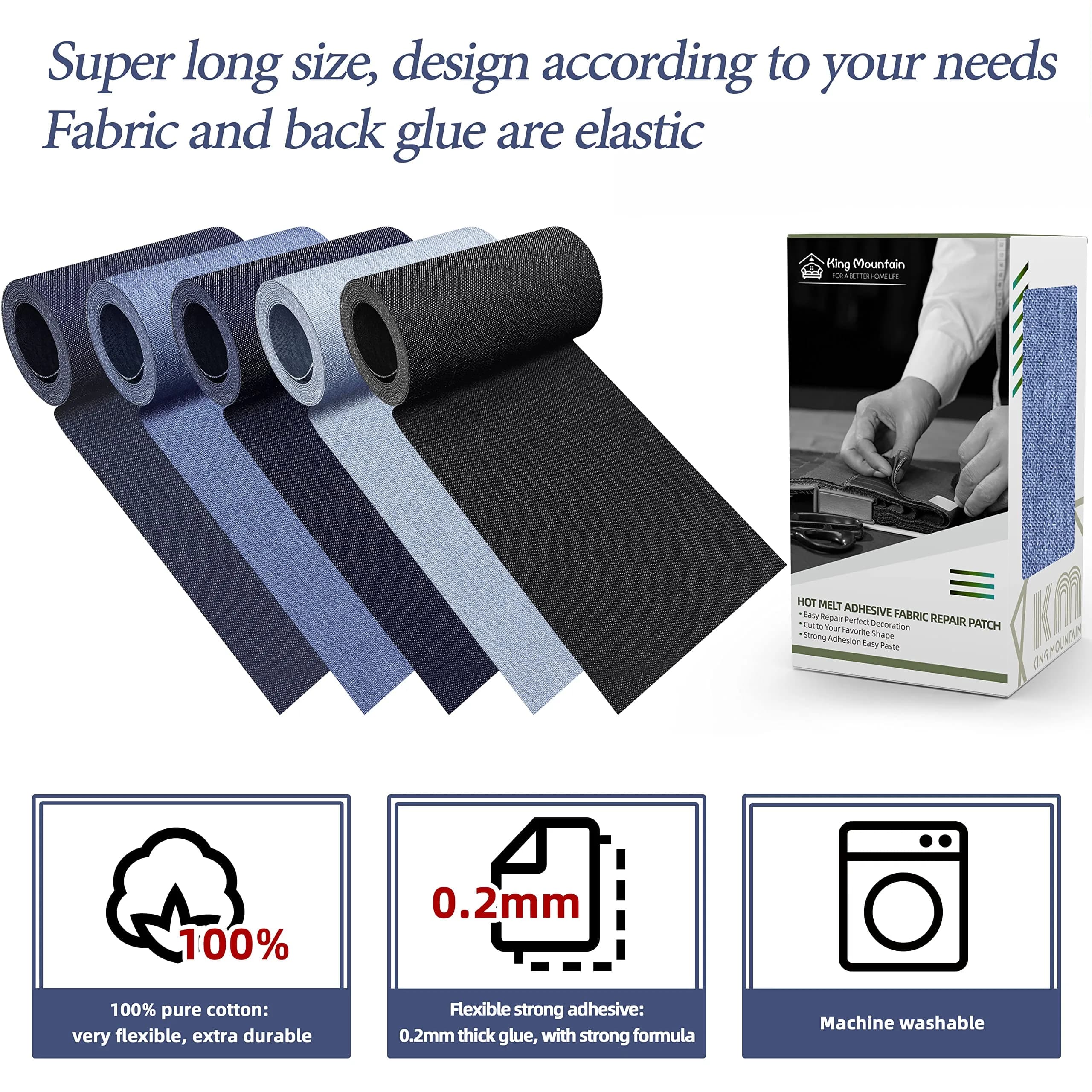 KING MOUNTAIN Iron-on Fabric Repair Patch 3"x60" Sky Blue | Durable Cotton Denim for Jeans & Clothing Repair - view 3