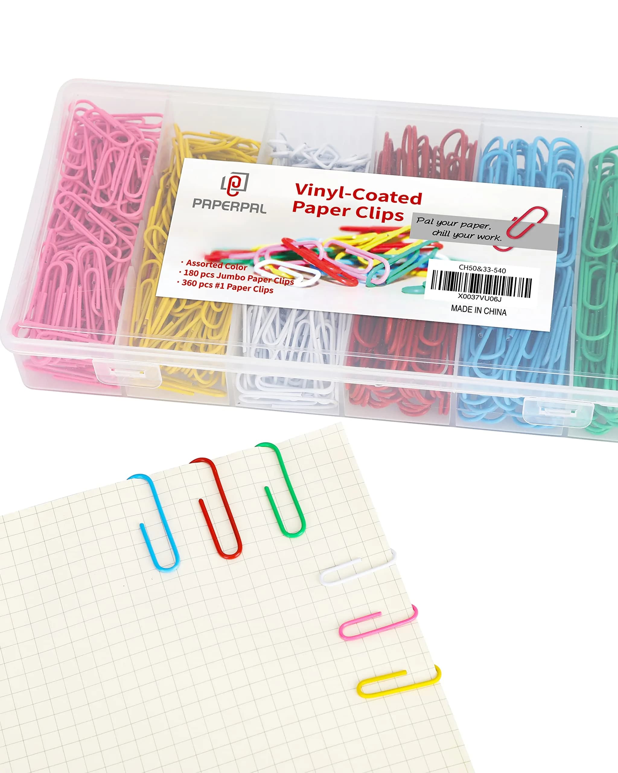 PAPERPAL Assorted Size Vinyl-Coated Paper Clips for Office, School & Personal Use - 600 Clips Bulk Pack - main product image