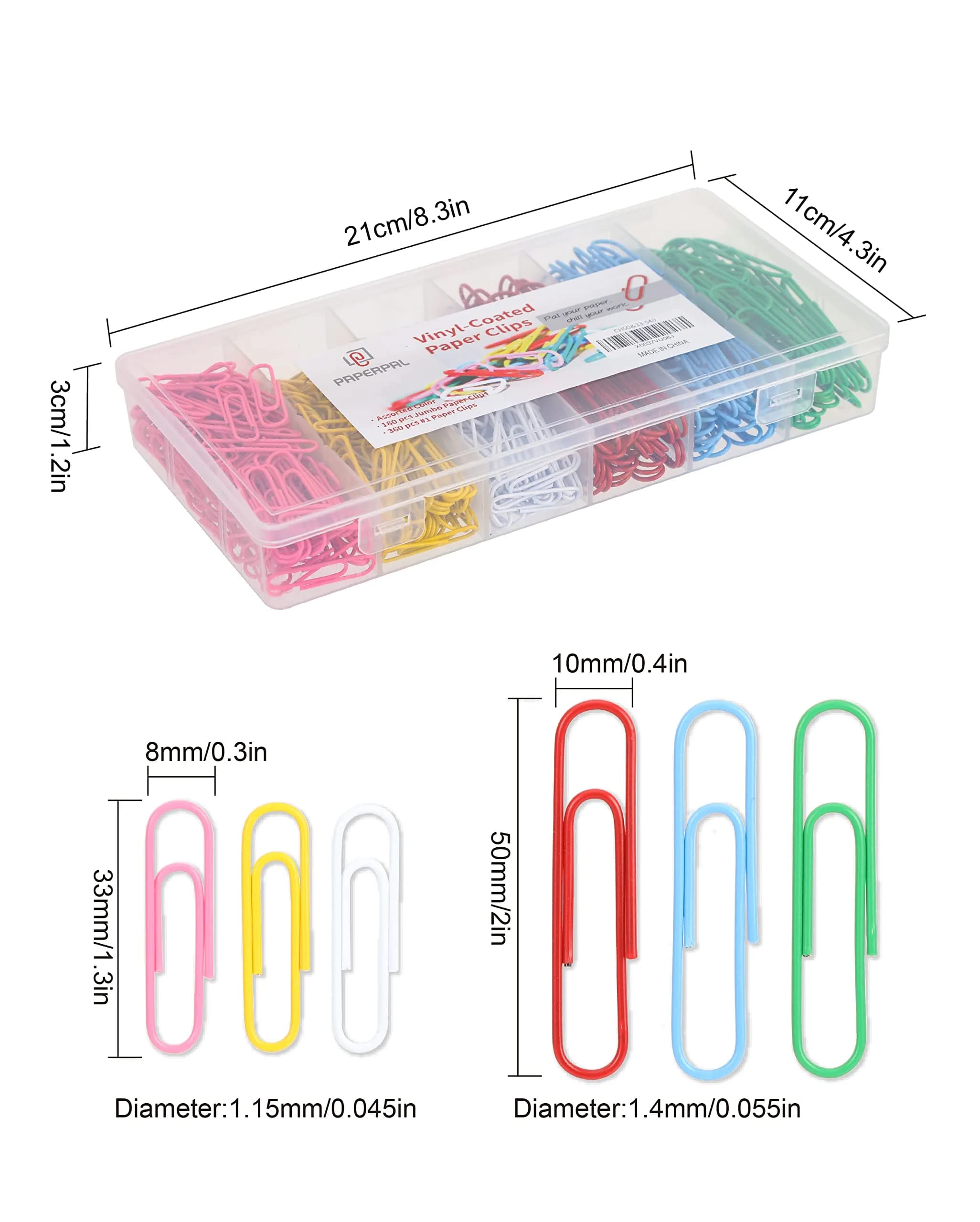 PAPERPAL Assorted Size Vinyl-Coated Paper Clips for Office, School & Personal Use - 600 Clips Bulk Pack - view 2