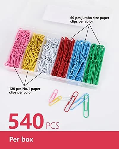 PAPERPAL Colorful Vinyl Coated Paper Clips, 50 mm (2 in) & 33 mm (1-2/7 in), 540 Count | Assorted Colors for Office & School thumbnail 3