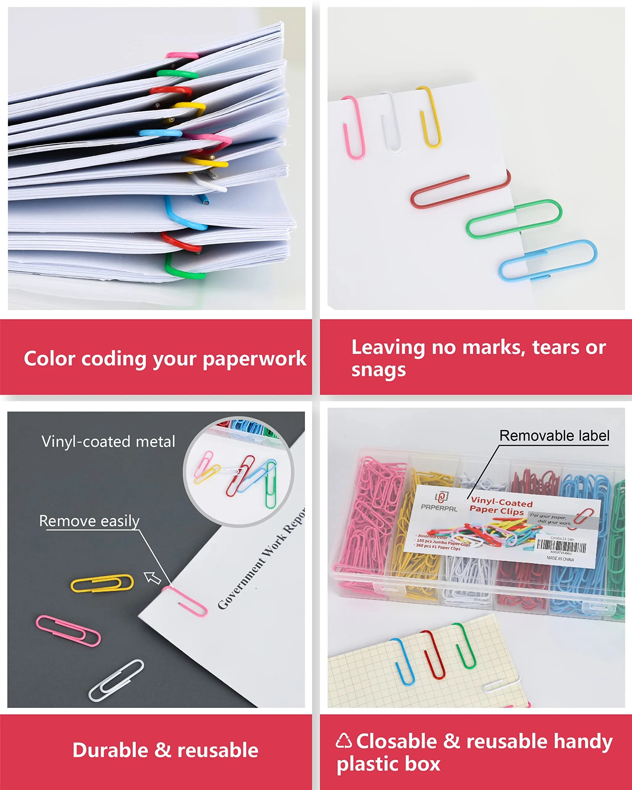 PAPERPAL Assorted Size Vinyl-Coated Paper Clips for Office, School & Personal Use - 600 Clips Bulk Pack - view 4