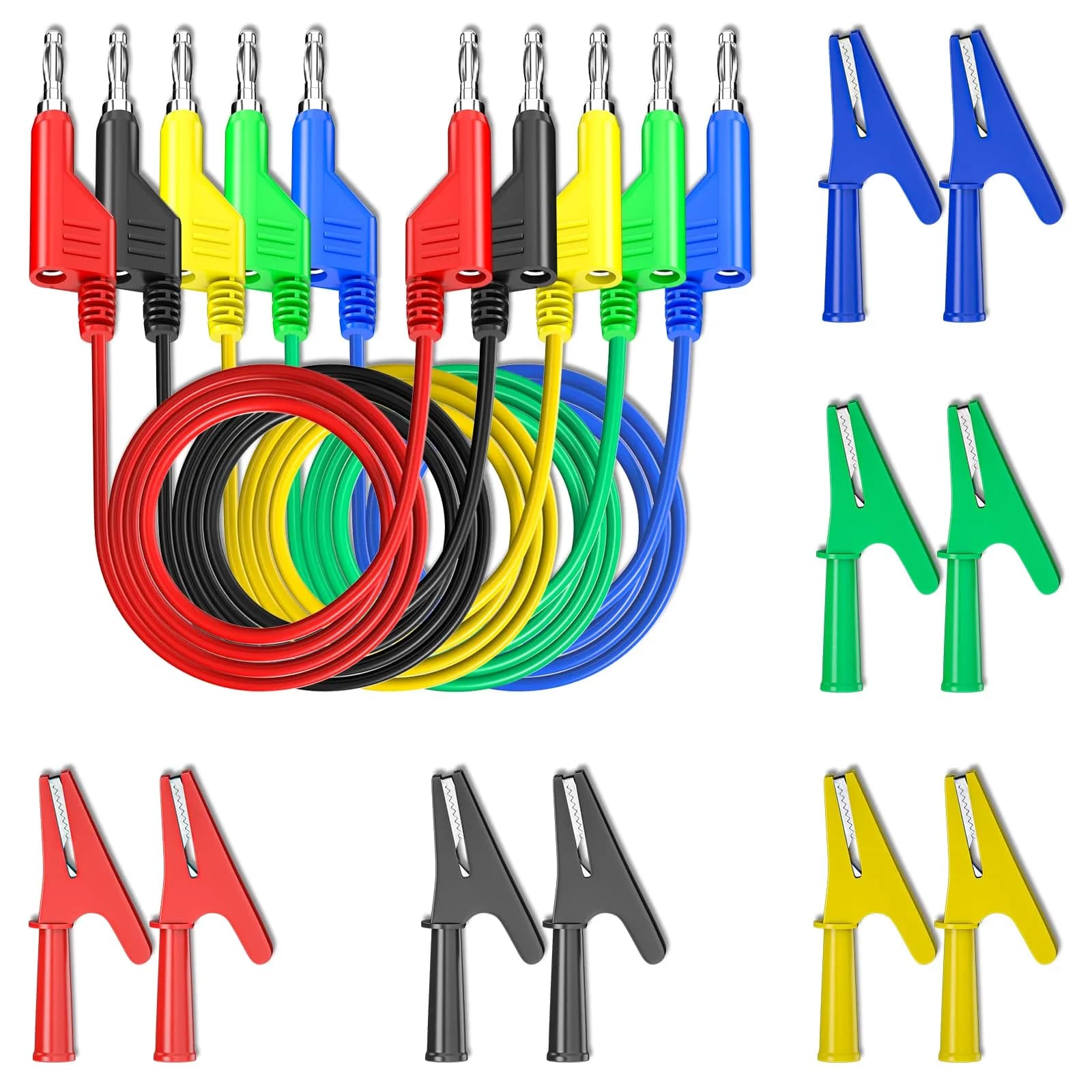 Goupchn 15PCS Stackable Banana Plug Test Leads with Alligator Clips 1m (3.3ft) | 1000V 15A | 5 Colors