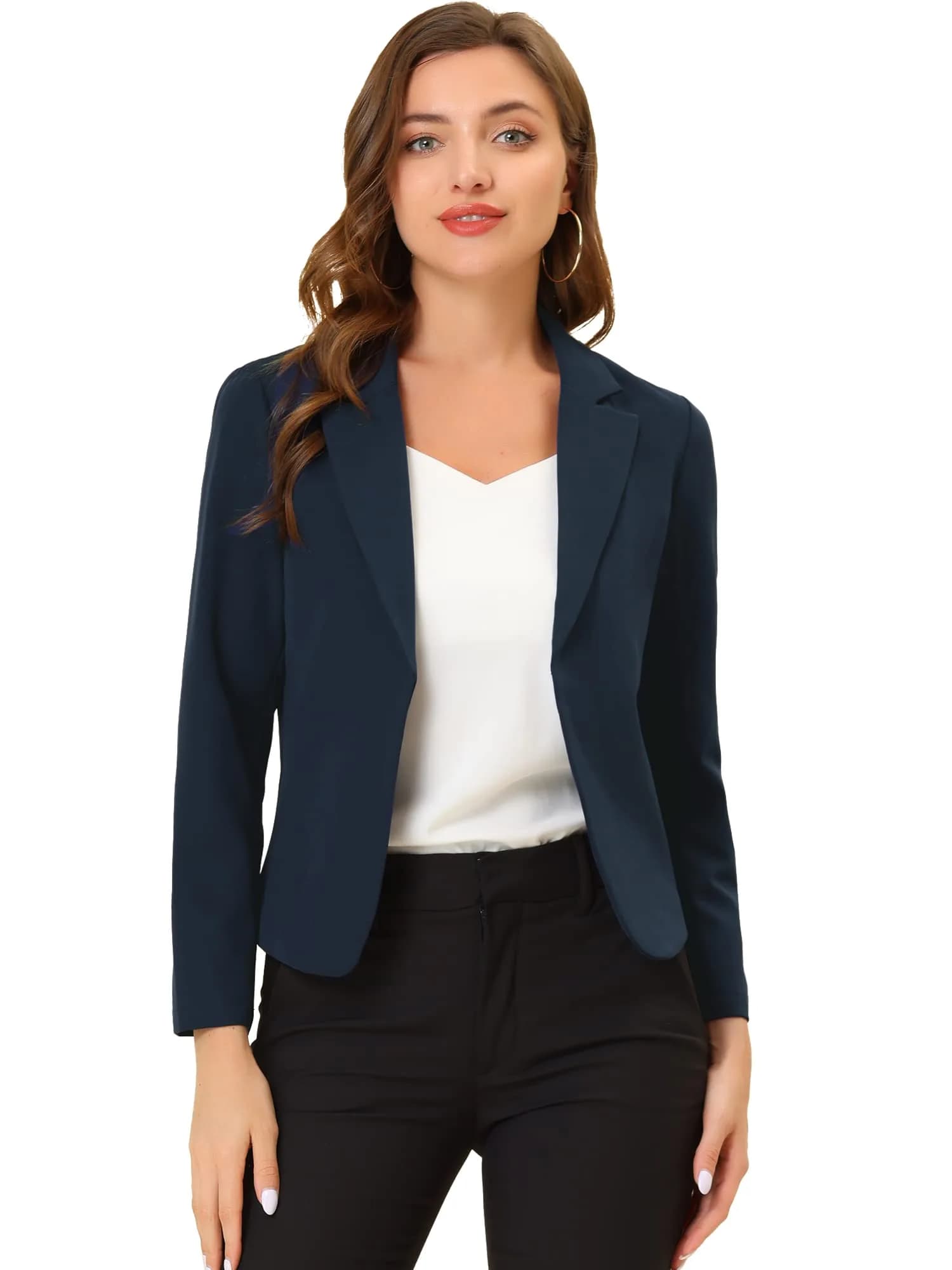 Allegra K Women's Open Front Crop Suit Blazer Medium Dark Blue-Solid | Lightweight Summer Office Work — Dark Blue-solid