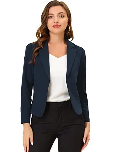 Allegra K Women's Open Front Crop Suit Blazer Medium Dark Blue-Solid | Lightweight Summer Office Work thumbnail 1