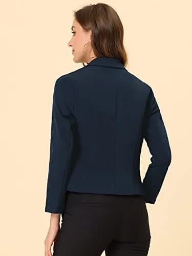 Allegra K Women's Open Front Crop Suit Blazer Medium Dark Blue-Solid | Lightweight Summer Office Work thumbnail 4
