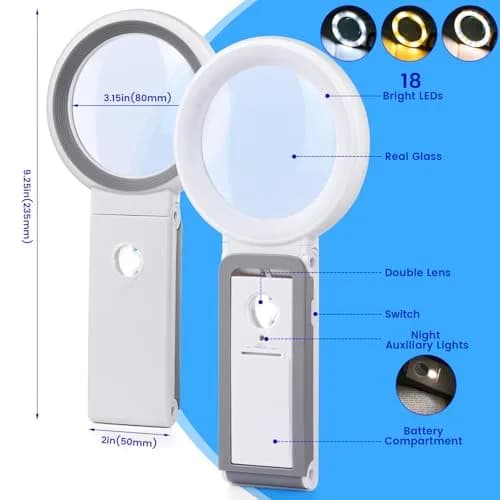 KIBTOY White Magnifying Glass with Light and Stand 3X Magnification | 8 cm (3.2 inch) Glass Lens thumbnail 5