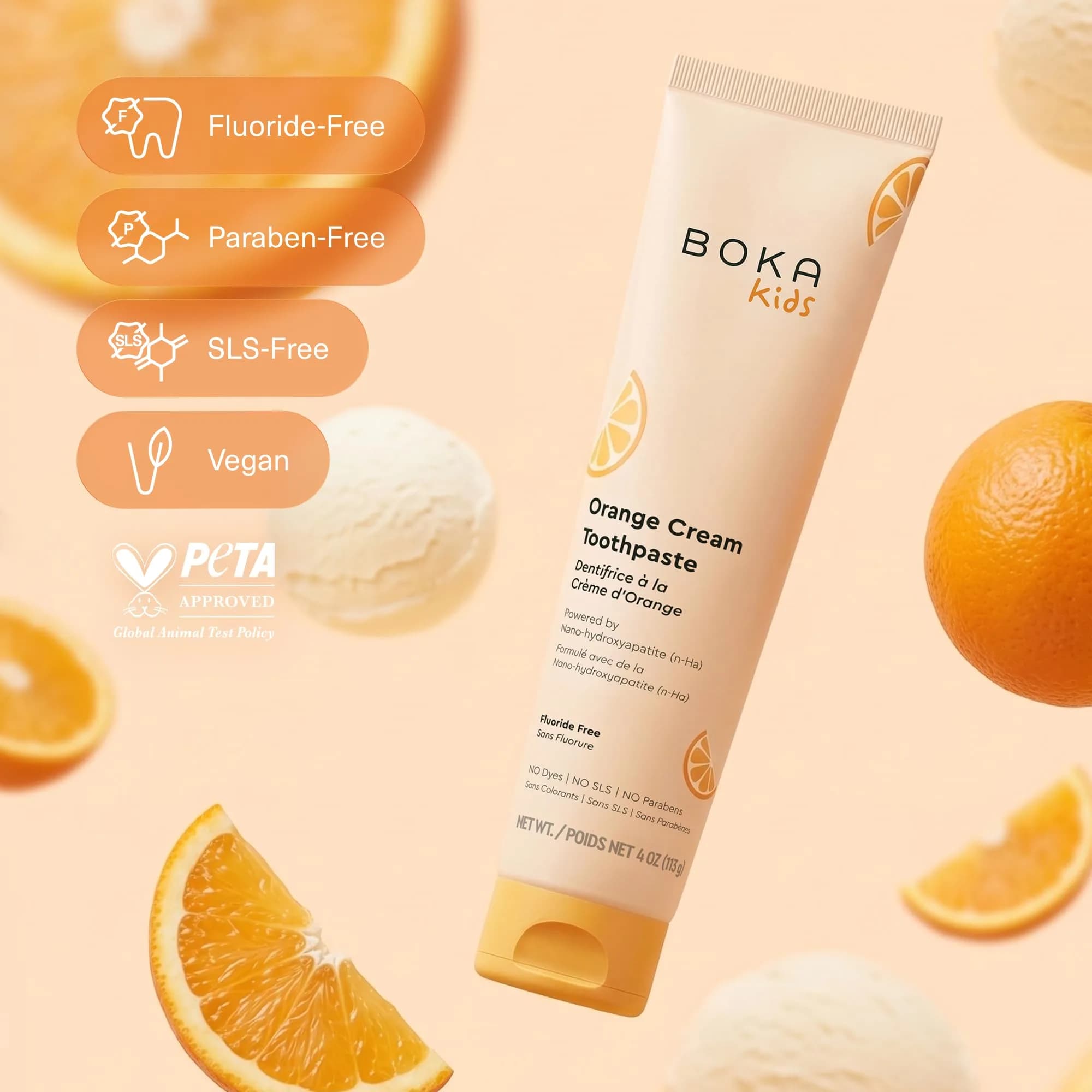 Boka Kids Toothpaste Orange Cream Nano Hydroxyapatite Fluoride-Free 113g (4 Oz) | Enamel Care for Kids Ages 1+ - view 5