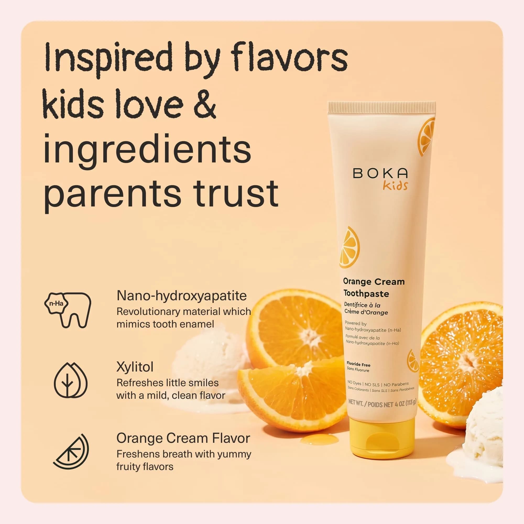 Boka Kids Toothpaste Orange Cream Nano Hydroxyapatite Fluoride-Free 113g (4 Oz) | Enamel Care for Kids Ages 1+ - view 2
