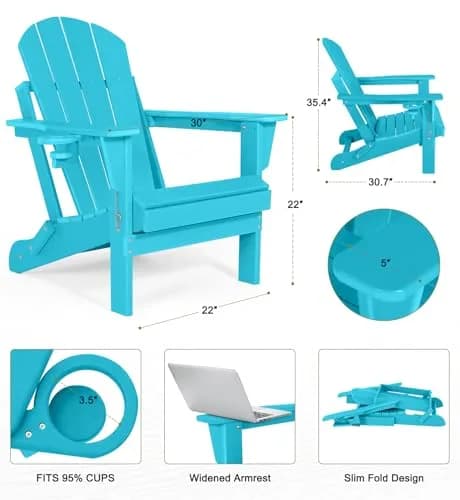 ABCPATIO Adirondack Chair HDPE Cup Holders Heavy Duty Patio Turquoise | Weather-Resistant & Eco-Safe (70-120 chars) thumbnail 5