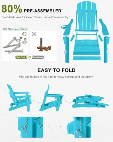 ABCPATIO Adirondack Chair HDPE Cup Holders Heavy Duty Patio Turquoise | Weather-Resistant & Eco-Safe (70-120 chars) thumbnail 6