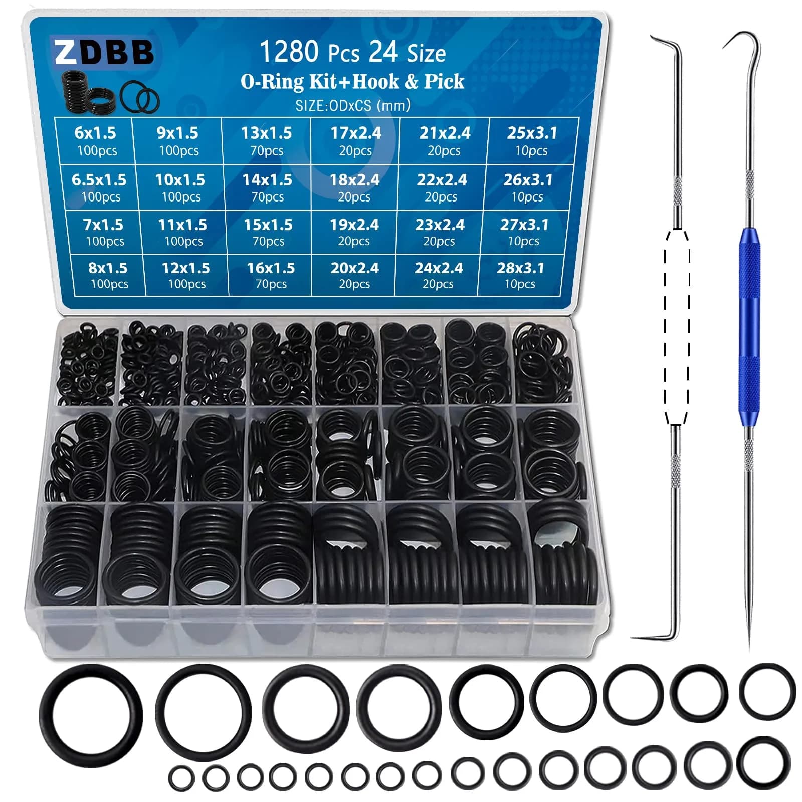 ZDBB OD Metric 24 Size 1280 Pcs Nitrile Rubber O-Ring Kit with Pick Tool - main product image